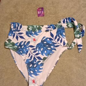 Blue & Green Leaf-Print High-Waist Swim Bottom